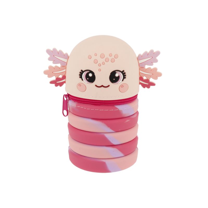 Rosa-cremefarbenes Etui in Axolotl-Form mit Reißverschluss, niedlichem Gesicht und Kiemen vor weißem Hintergrund.