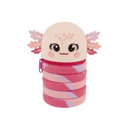 Rosa-cremefarbenes Etui in Axolotl-Form mit Reißverschluss, niedlichem Gesicht und Kiemen vor weißem Hintergrund.
