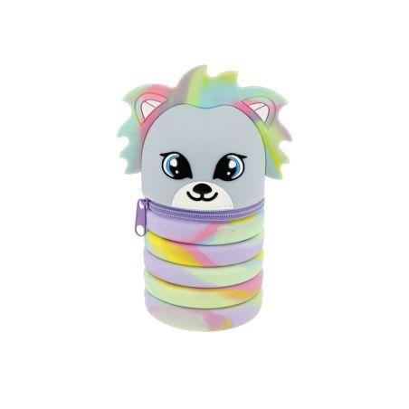 Buntes Federmäppchen in Tierform mit Reißverschluss, Pastellwirbeln und süßem Gesicht, ähnlich Hund oder Einhorn.