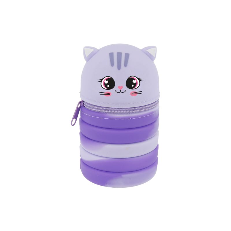 Lila, klammerbare Tasche in Katzenform mit Reißverschluss, niedlichem Gesicht und Ohren, abgerundetes Design.