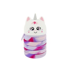 Runde Reißverschlusstasche in Form eines lächelnden Einhorns mit rosa-lila Muster und silbernem Horn.