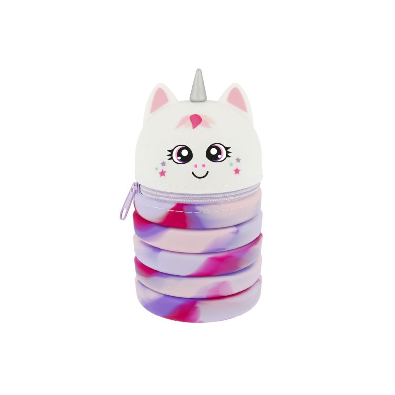 Runde Reißverschlusstasche in Form eines lächelnden Einhorns mit rosa-lila Muster und silbernem Horn.