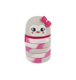 Stapelbares rosa-weißes Etui in Pinguinform mit Schleife, Reißverschluss und niedlichem Cartoon-Gesicht.