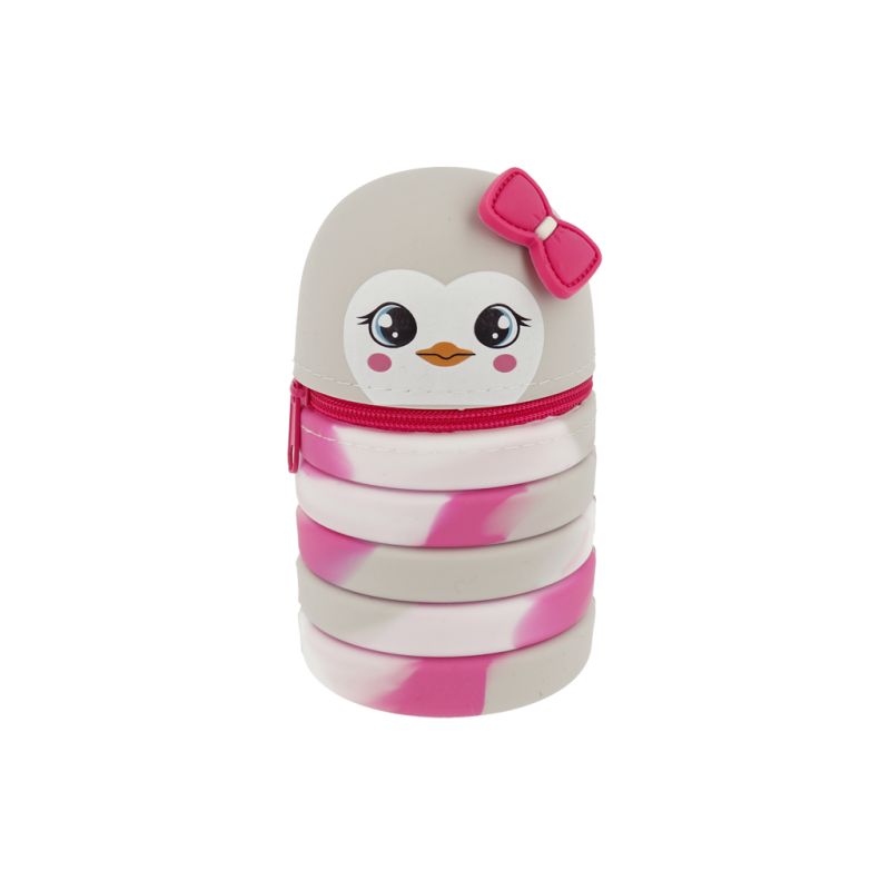 Stapelbares rosa-weißes Etui in Pinguinform mit Schleife, Reißverschluss und niedlichem Cartoon-Gesicht.
