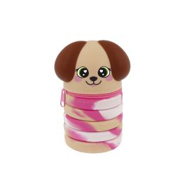 Hundförmiges Federmäppchen mit braunen Ohren, großen Augen, rosa Reißverschluss und rosa-weiß gemustertem Körper.