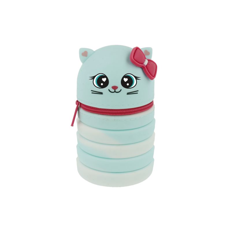 Hellblaue, katzenförmige Dose mit roter Schleife, Reißverschluss, niedlichem Gesicht und weißen Streifen.
