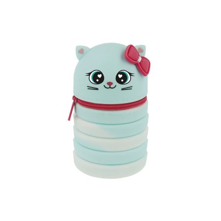 Hellblaue, katzenförmige Dose mit roter Schleife, Reißverschluss, niedlichem Gesicht und weißen Streifen.