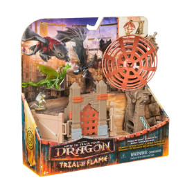 How to Train Your Dragon: Trial by Flame Spielset mit Drachen, Tor und feuerspeiendem Launcher in Verpackung.
