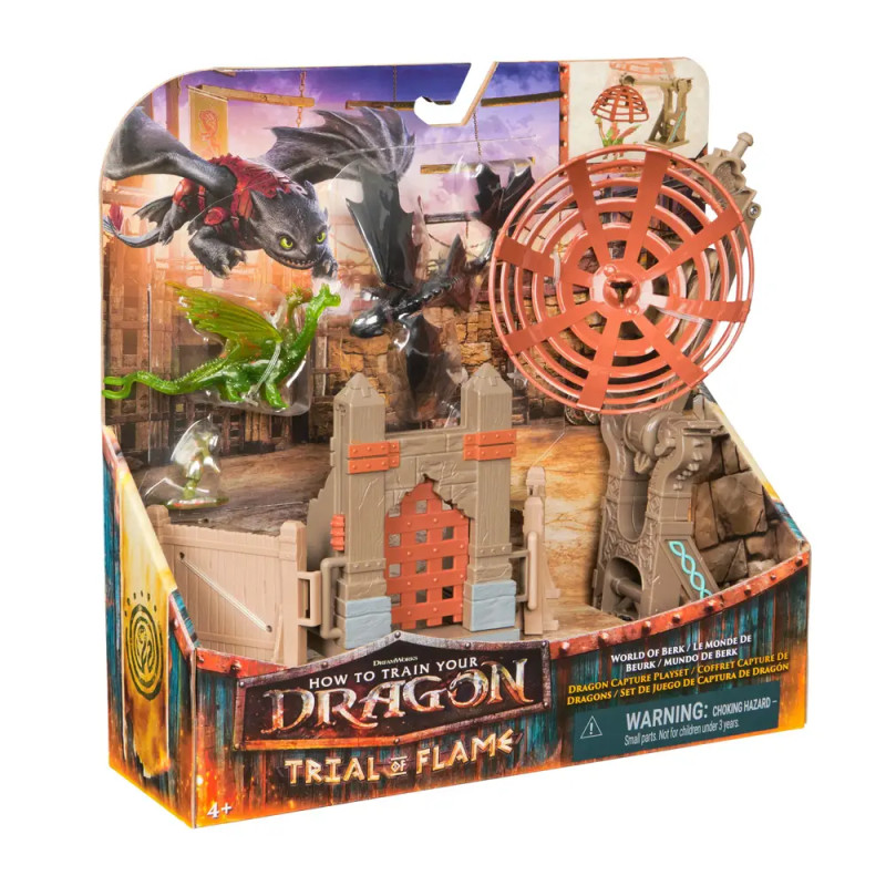 How to Train Your Dragon: Trial by Flame Spielset mit Drachen, Tor und feuerspeiendem Launcher in Verpackung.