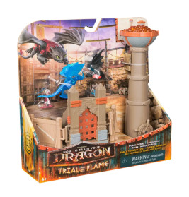 How to Train Your Dragon: Trial by Flame Spielset mit Drachenfiguren, Turm und Tor-Display.