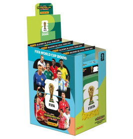 Panini FIFA WM 2026 Adrenalyn-Tradingcard-Box mit Bildern verschiedener Fußballspieler.
