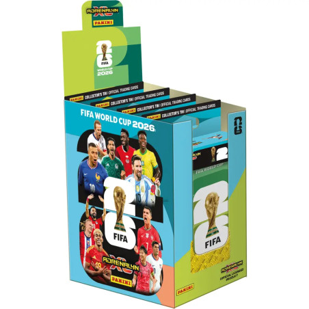 Panini FIFA WM 2026 Adrenalyn-Tradingcard-Box mit Bildern verschiedener Fußballspieler.