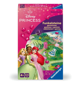 Disney Princess Brettspiel mit Ariel, Tiana, Belle, pinken Edelsteinen und einer Schlossillustration auf der Verpackung.
