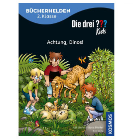 Drei Kinder beobachten, wie ein Dinosaurier-Baby im grünen Dschungel aus einem Ei schlüpft.