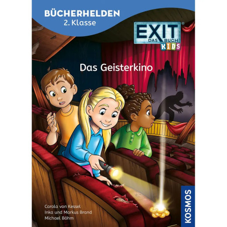 Drei Kinder erkunden mit Taschenlampen ein dunkles Kino; auf der Leinwand erscheint der Schatten eines Geists.
