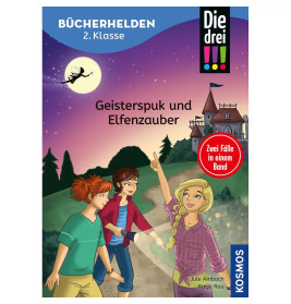 Drei Kinder nachts auf einem Weg, eines hält einen leuchtenden Zauberstab; im Hintergrund Schloss und Mond.