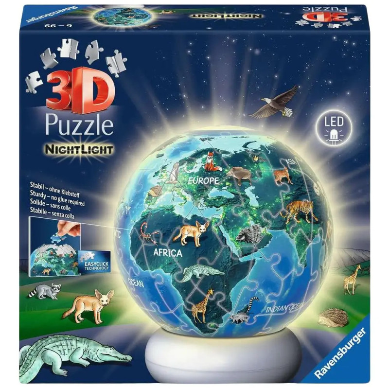 Ravensburger 3D Puzzle Nachtlicht Erde Tiermotive – 72 Teile Puzzle-Ball & LED