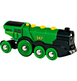 BRIO World 33593 Grüner Gustav elektrische Lok – Batterie-Lokomotive mit Licht   Sound – Kleinkinder