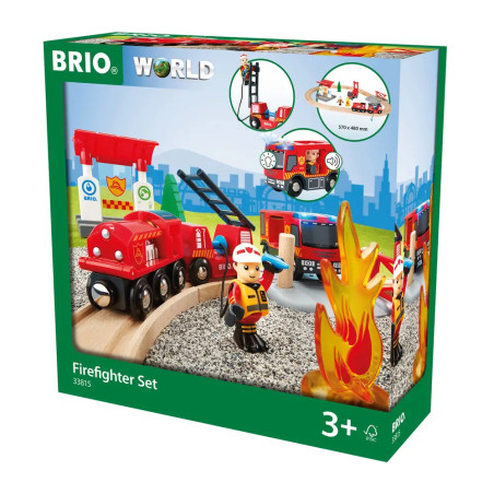 BRIO World 33815 Feuerwehr-Set - Holzeisenbahn-Set inklusive Feuerwehr-Auto mit Licht und Sound - Em