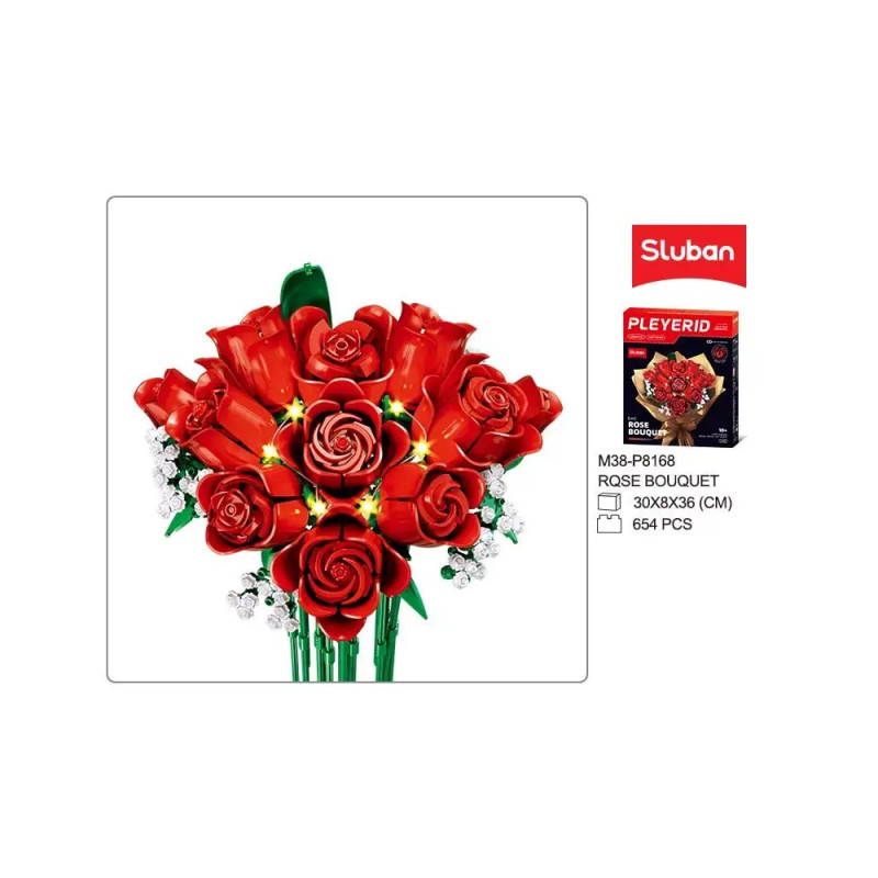 Sluban Pleyerid Blume roter Rosenstrauß mit Lichtern dekoriert 654 St. Klemmbausteine - Bauspielzeug