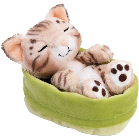 Kuscheltier Bengalkatze schlafend im hellgrünen Körbchen NICI GREEN