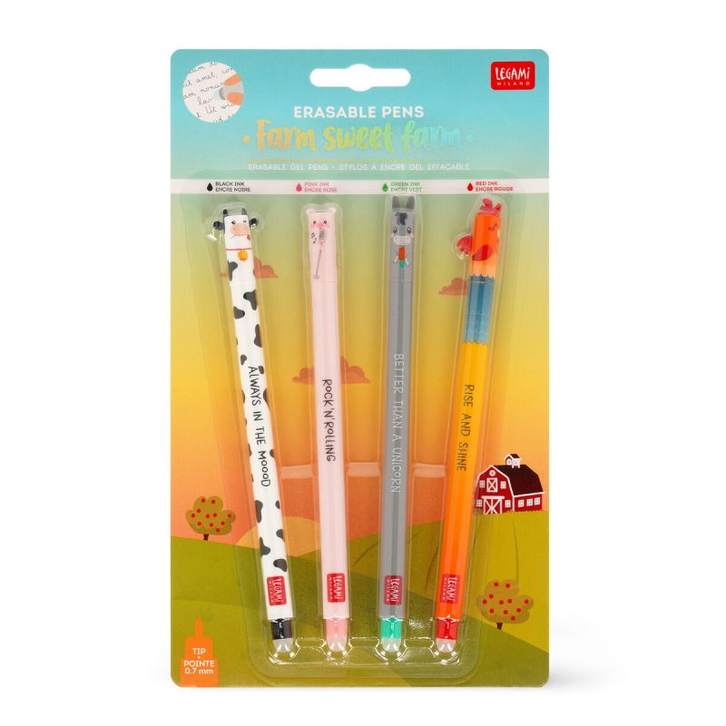 Legami Farm Sweet Set Erasable Pens – Radierbare Gelstifte mit Bauernhof-Motiven