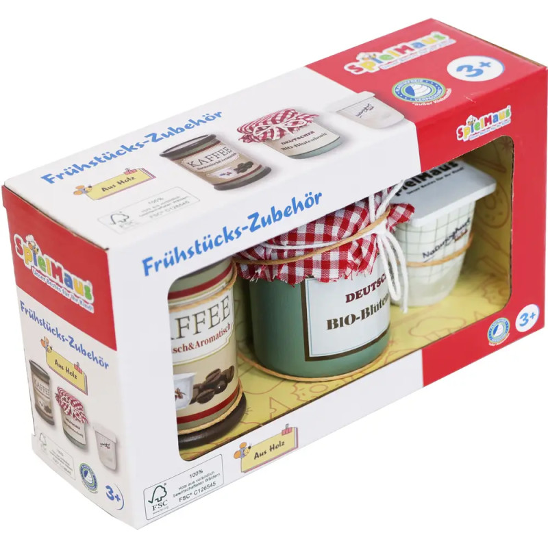 SpielMaus Küche Frühstück Zubehör aus Holz, 3 Stück