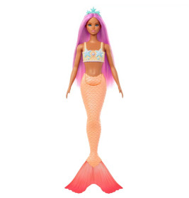 Barbie Meerjungfrau-Puppe mit pinkfarbenem Haar, weicher orangefarbener Schwanzflosse und Haarband