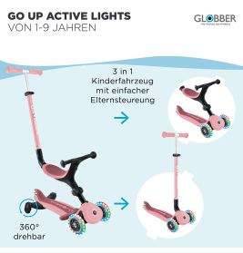 Globber Go-Up Active Lights 360 | 3-in-1 Dreirad Scooter | Pastellrosa | Ab 15 Monate