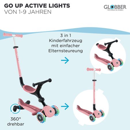 Globber Go-Up Active Lights 360 | 3-in-1 Dreirad Scooter | Pastellrosa | Ab 15 Monate