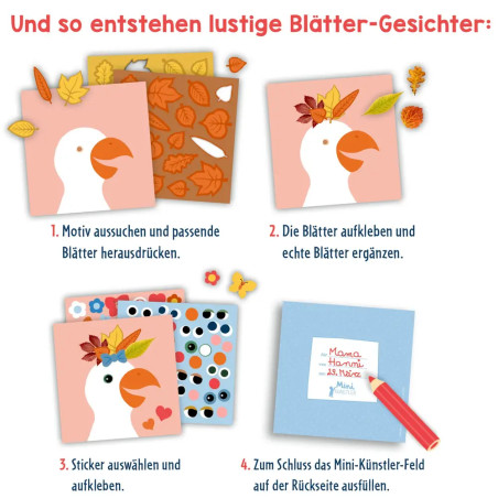 Mein erstes Bastelset - Blätter-Gesichter - Inhalt: 6 Motivkarten, 4 Blätterkarten, über 90 Sticker