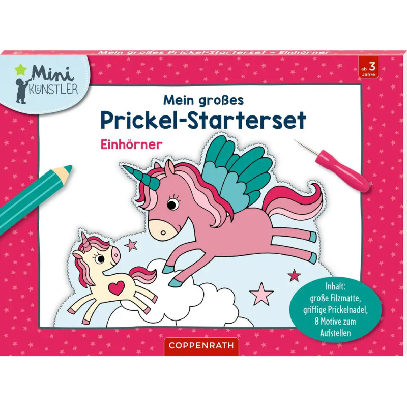 Mein großes Prickel-Starterset: Einhörner - Inhalt: Große Filzmatte, griffige Prickelnadel, 8 Motive