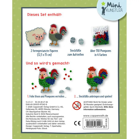 Mein kleines Bastelset: Pompom-Figuren - Schaf / Hahn