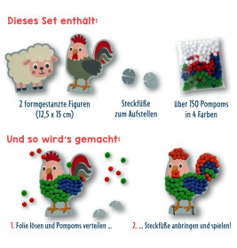 Mein kleines Bastelset: Pompom-Figuren - Schaf / Hahn