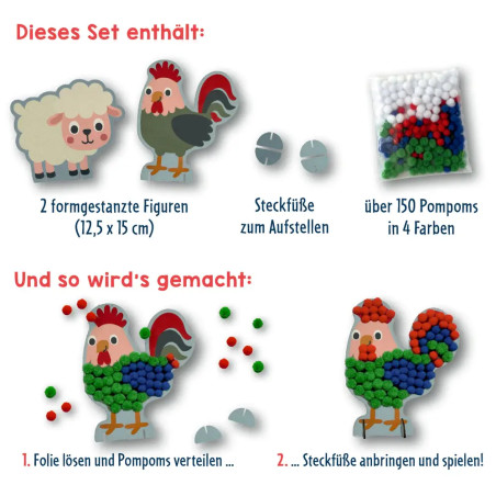 Mein kleines Bastelset: Pompom-Figuren - Schaf / Hahn