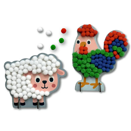 Mein kleines Bastelset: Pompom-Figuren - Schaf / Hahn