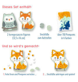 Mein kleines Bastelset: Pompom-Figuren - Eule / Fuchs