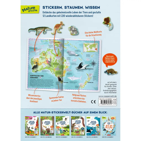 Natur-Stickerwelt - Atlas - Tiere der Welt - Mit 12 Landkarten und 220 wiederablösbaren Stickern