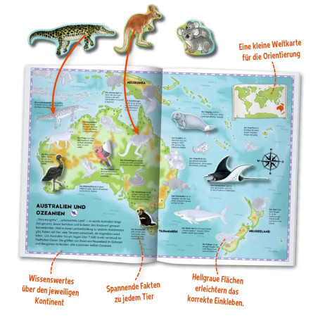 Natur-Stickerwelt - Atlas - Tiere der Welt - Mit 12 Landkarten und 220 wiederablösbaren Stickern