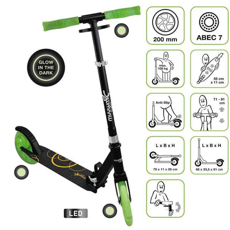 muuwmi Lights Aluminium Scooter GLOW 200 mm, mit Leuchtrollen und Glow-Effekt