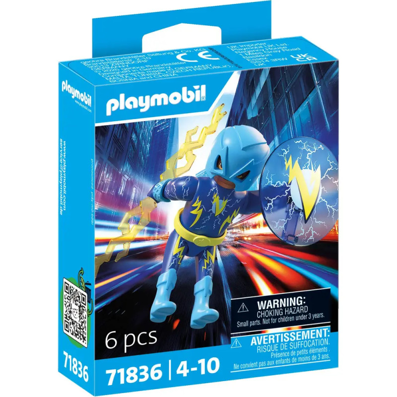 PLAYMOBIL Heroes Blitz-Held Blue Voltage – Sammelfigur mit Speer-Blitz & wechselbarer Maske