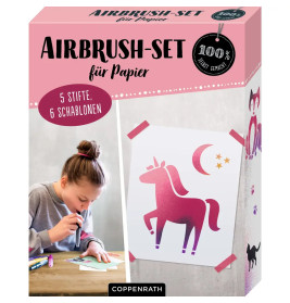 Die Spiegelburg Airbrush-Set für Papier (95926) - 5 Farbstifte & 6 Schablonen - Ab 8 Jahren