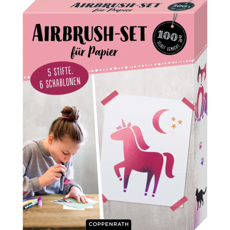 Die Spiegelburg Airbrush-Set für Papier (95926) - 5 Farbstifte & 6 Schablonen - Ab 8 Jahren