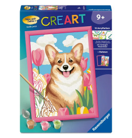 Ravensburger CreArt Malen nach Zahlen für Kinder – Corgi im Blütenmeer ab 7 J.