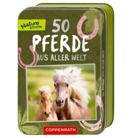 Coppenrath Verlag 50 Pferde aus aller Welt Nature Zoom – Wissenskarten in Blechdose | Ab 8 Jahren