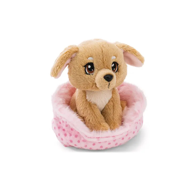 Sitzendes Kuscheltier Hund beige im rosa Körbchen
