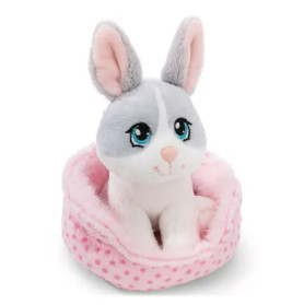 Sitzendes Kuscheltier Hase grau im rosa Körbchen