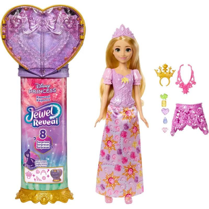 Disney Princess Jewel Reveal Rapunzel Modepuppe mit 8 Überraschungen wie Juwelenbox und 10 Zubehörte