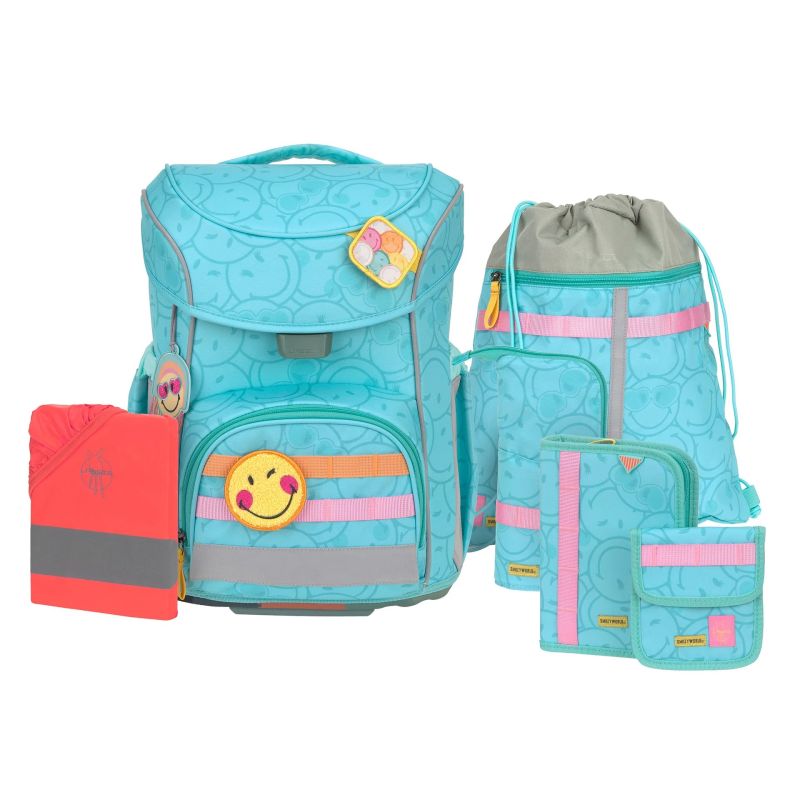 LÄSSIG Schulranzen-Set Slim Unique SmileyWorld® turquoise 7-teilig – Ergonomisch & Eco