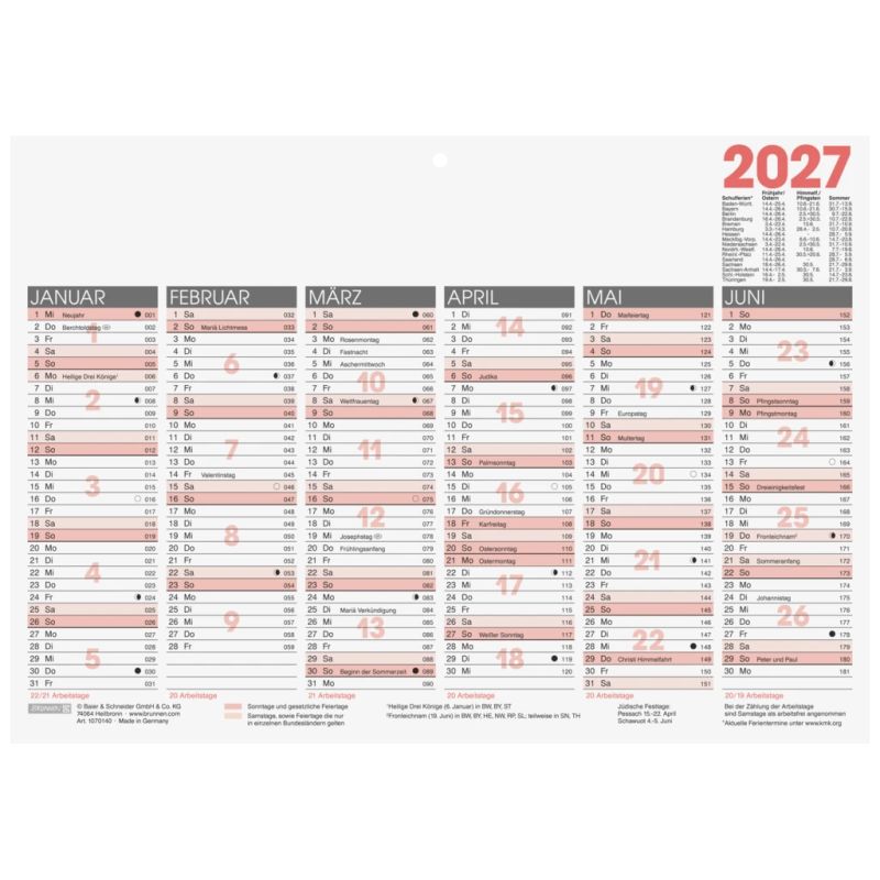 Tafelkalender A4 1S/6Monate 2027